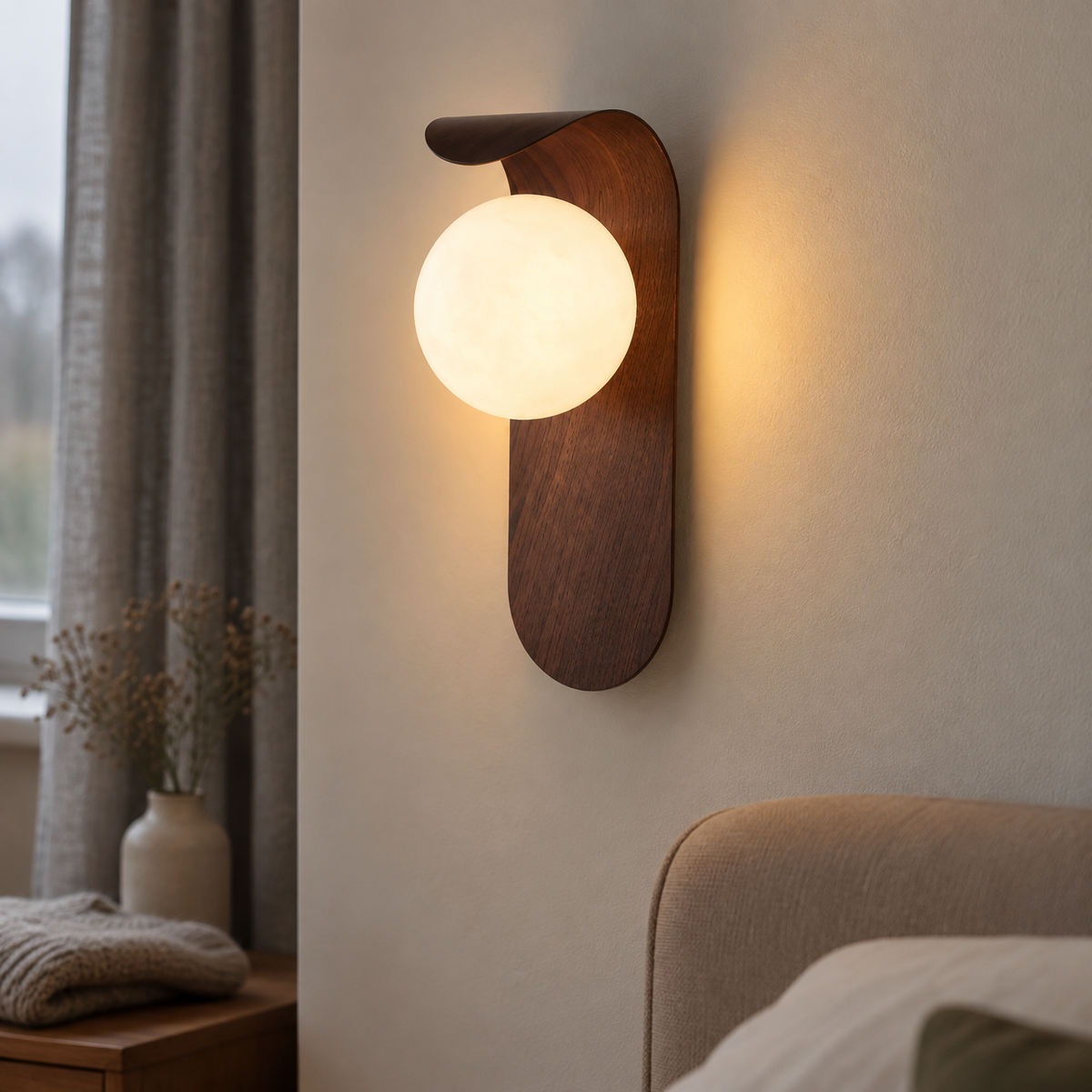 Scandinavian minimalist wooden LED wall lamp mounted level above a bedroom headboard, warm wash of light