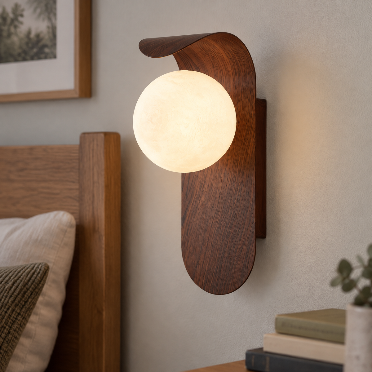 Wooden bedside wall sconce with a glass globe fixed beside a bed, arm projecting from the wall above a stack of books