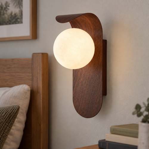 Wooden bedside wall sconce with a glass globe fixed beside a bed, arm projecting from the wall above a stack of books