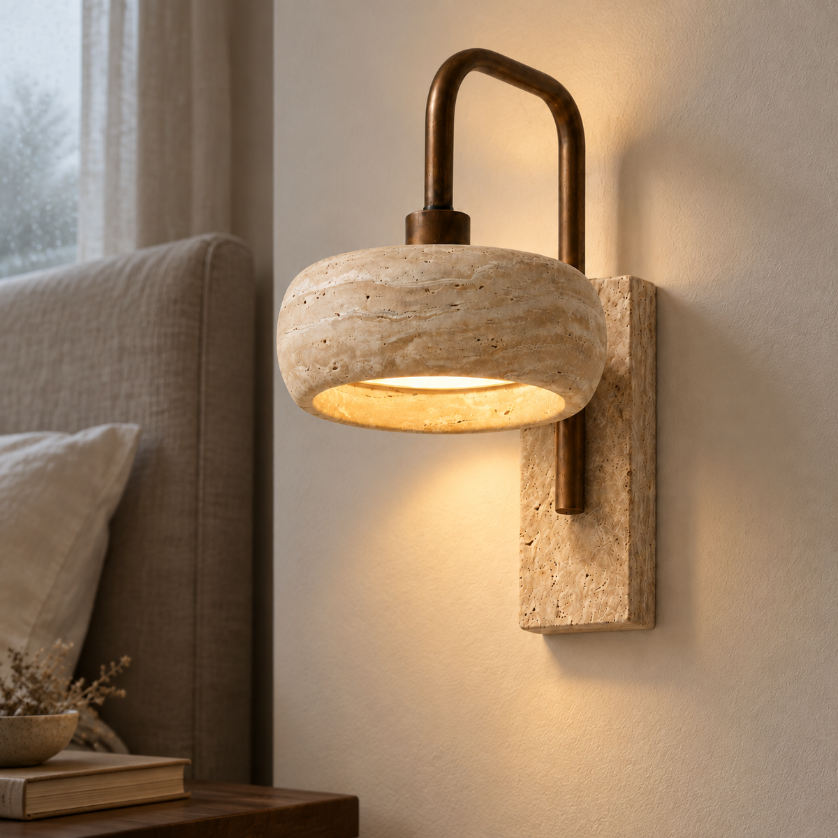 Wabi-sabi travertine wall lamp mounted flush on a bedroom wall, veined stone slab washing warm light up and down