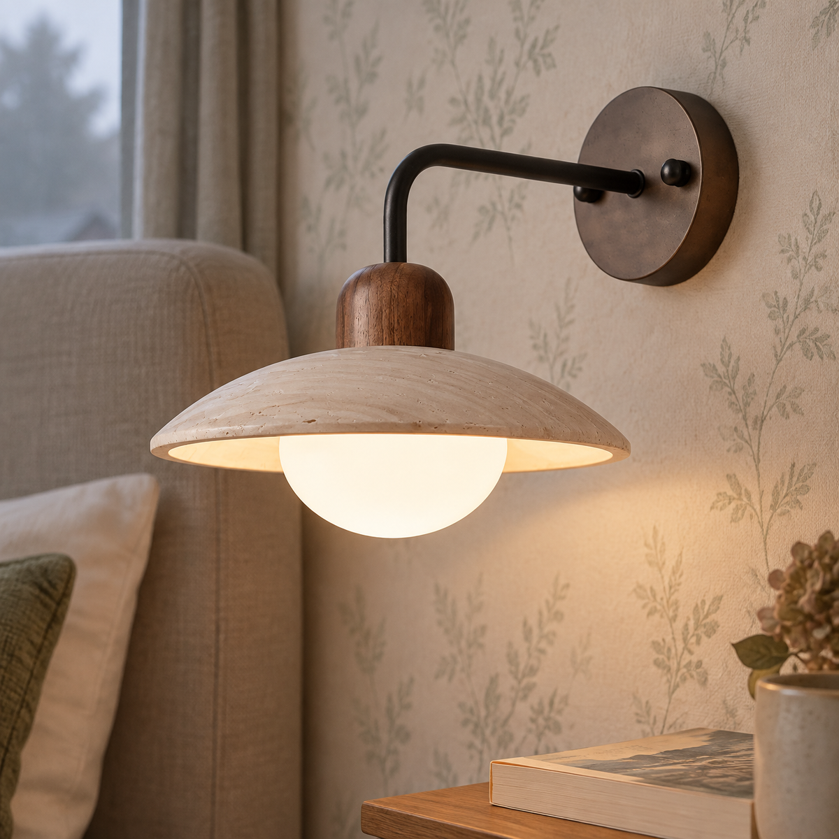 Travertine and wood bedside wall sconce with white shade fixed beside an upholstered headboard