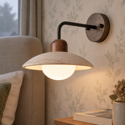 Travertine and wood bedside wall sconce with white shade fixed beside an upholstered headboard