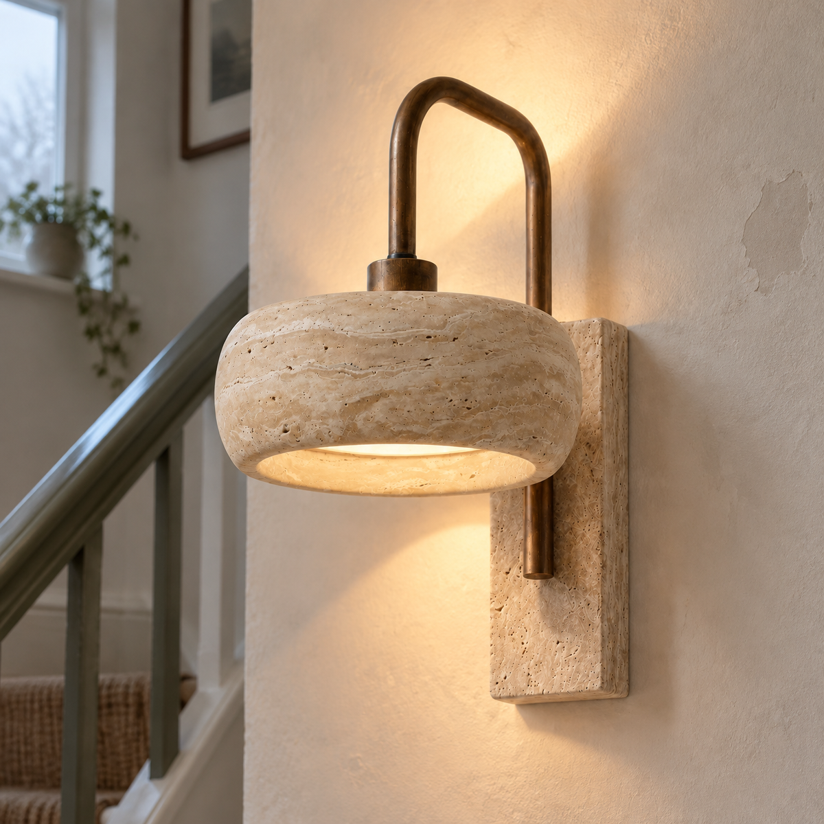 Rustic travertine cylinder wall sconce mounted upright on a limewashed stairwell wall, glowing at both ends