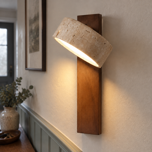Adjustable travertine stone wall light in a hallway, stone head tilted down to wash the panelled wall
