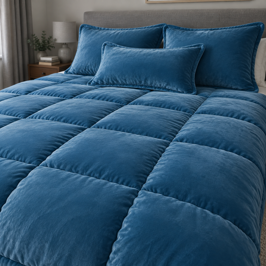 Velvet quilted bedding set made up on a bed with matching pillows standing against the headboard
