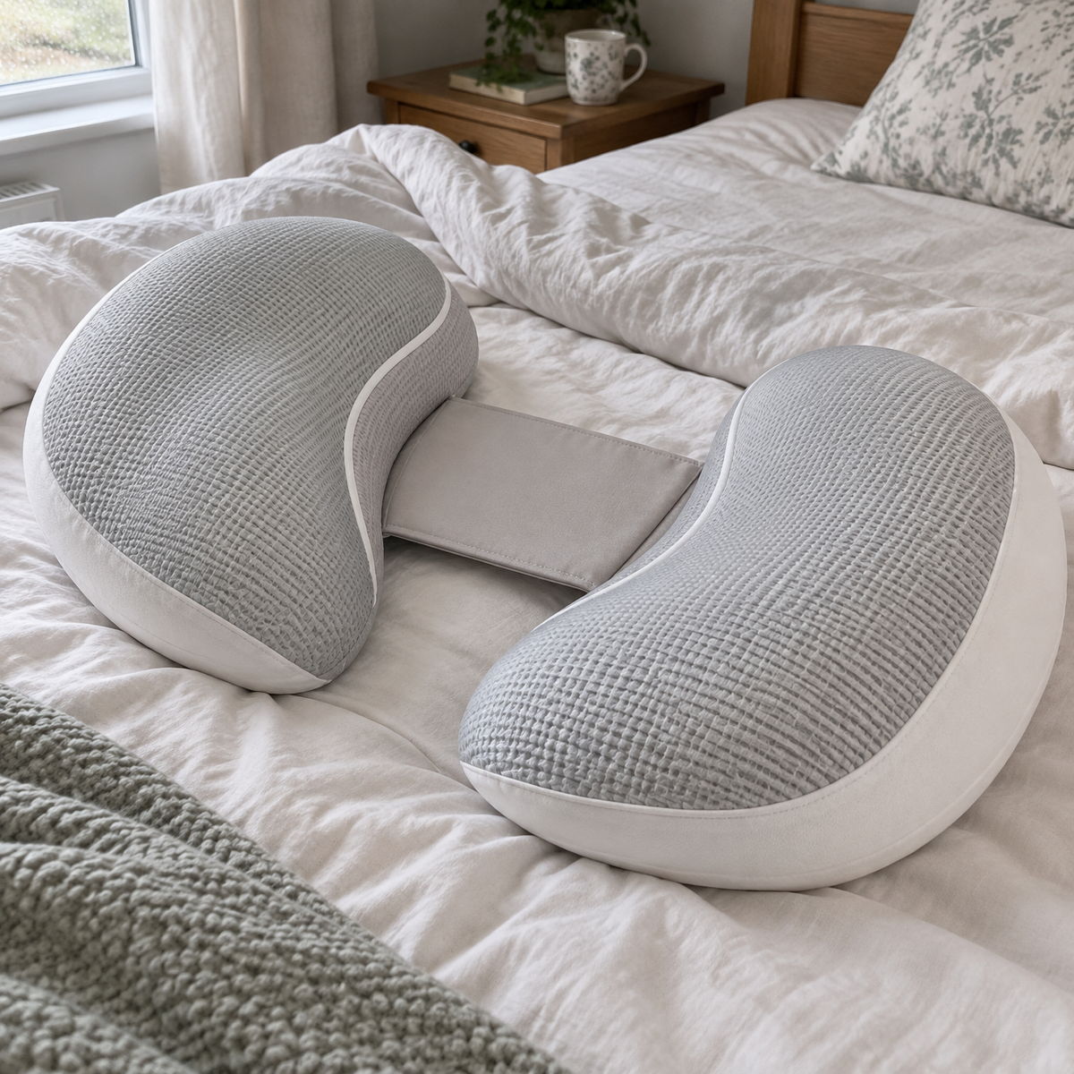 Adjustable maternity support pillow arranged ready to use on a bed in a lived-in bedroom