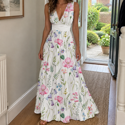 Woman wearing the floral V neck maxi dress standing in a hallway by an open garden doorway