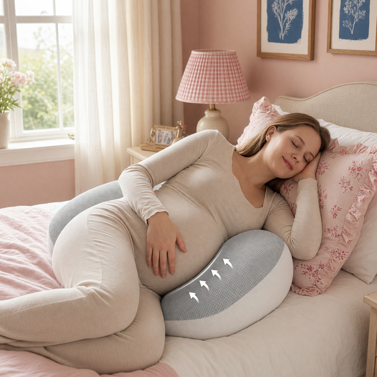 Pregnant woman resting on her side supported by the adjustable pregnancy pillow in a soft peach bedroom