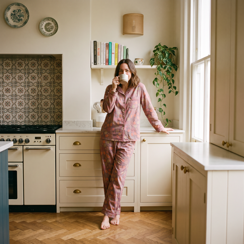 Woman wearing the 100% cotton crepe long sleeve pyjama set in a Victorian townhouse kitchen