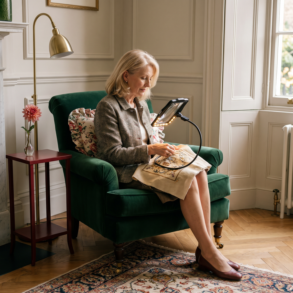 Woman using the hands-free LED magnifying glass for needlepoint in a green velvet armchair