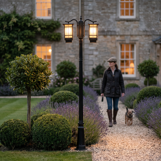 Black two-head outdoor post light glowing at dusk beside a gravel path in an English garden