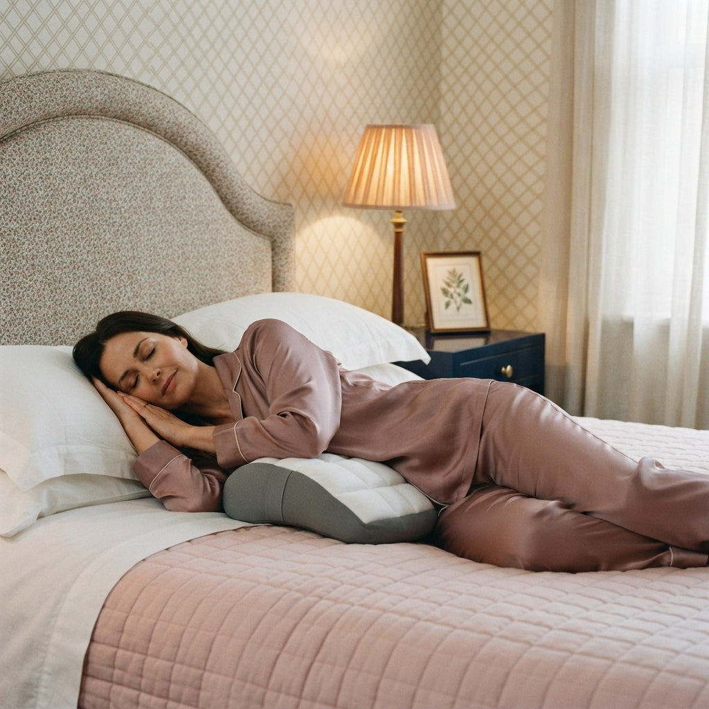 Woman sleeping on her side using the adjustable lumbar sleep support cushion