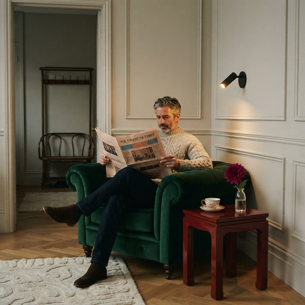 Adjustable metal wall reading lamp lighting a green velvet armchair in an English sitting room