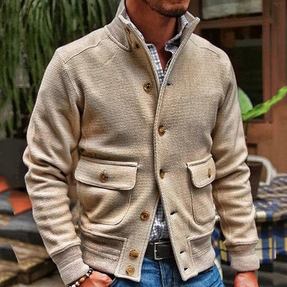 Men's motorcycle-style jacket solid color with stand-up collar
