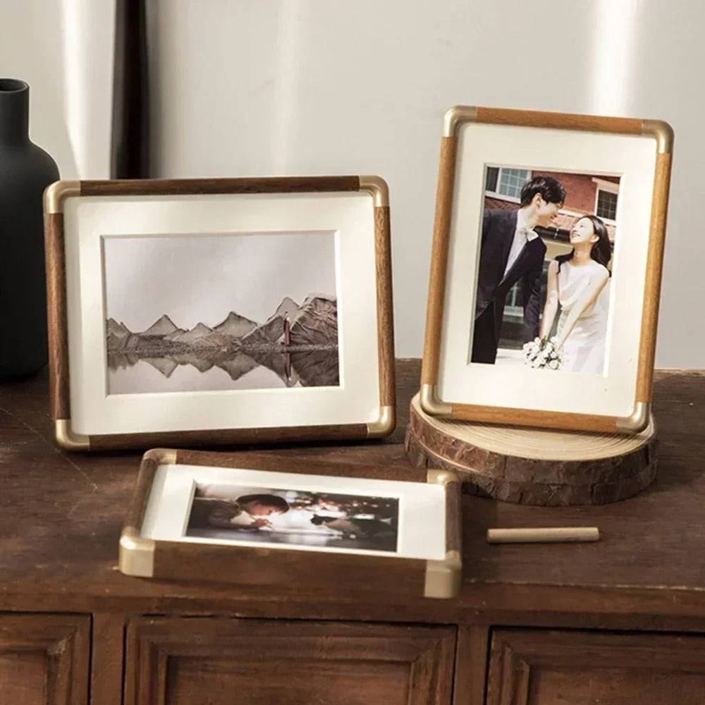 Wooden Photo Frame – Vintage Tabletop Frame with Brass Corners, Teak or Black Walnut, 9 × 13 to 25 × 30cm