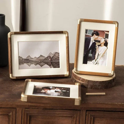 Wooden Photo Frame – Vintage Tabletop Frame with Brass Corners, Teak or Black Walnut, 9 × 13 to 25 × 30cm