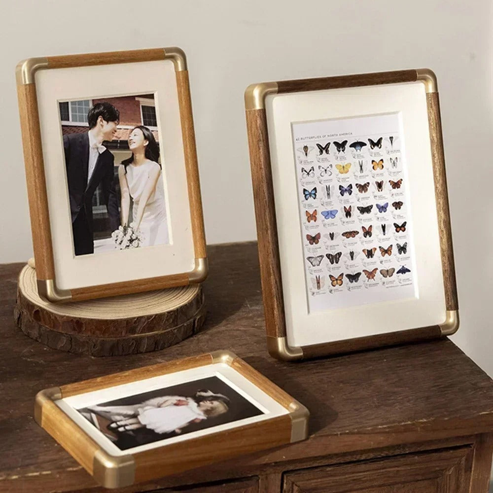 Wooden Photo Frame – Vintage Tabletop Frame with Brass Corners, Teak or Black Walnut, 9 × 13 to 25 × 30cm