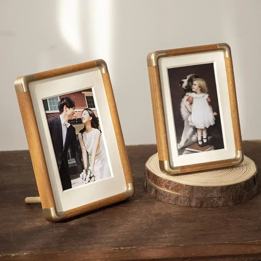 Wooden Photo Frame – Vintage Tabletop Frame with Brass Corners, Teak or Black Walnut, 9 × 13 to 25 × 30cm