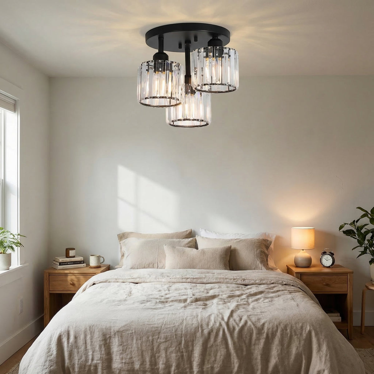 Crystal Ceiling Light – 3-Light Semi Flush Bedroom Lamp, 25cm, Black, Gold or Silver