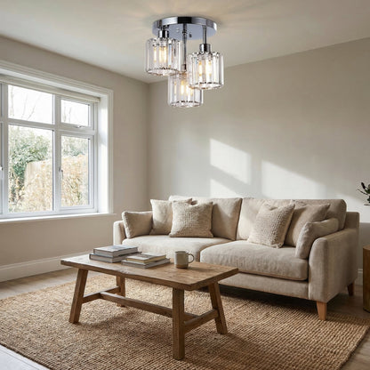 Crystal Ceiling Light – 3-Light Semi Flush Bedroom Lamp, 25cm, Black, Gold or Silver