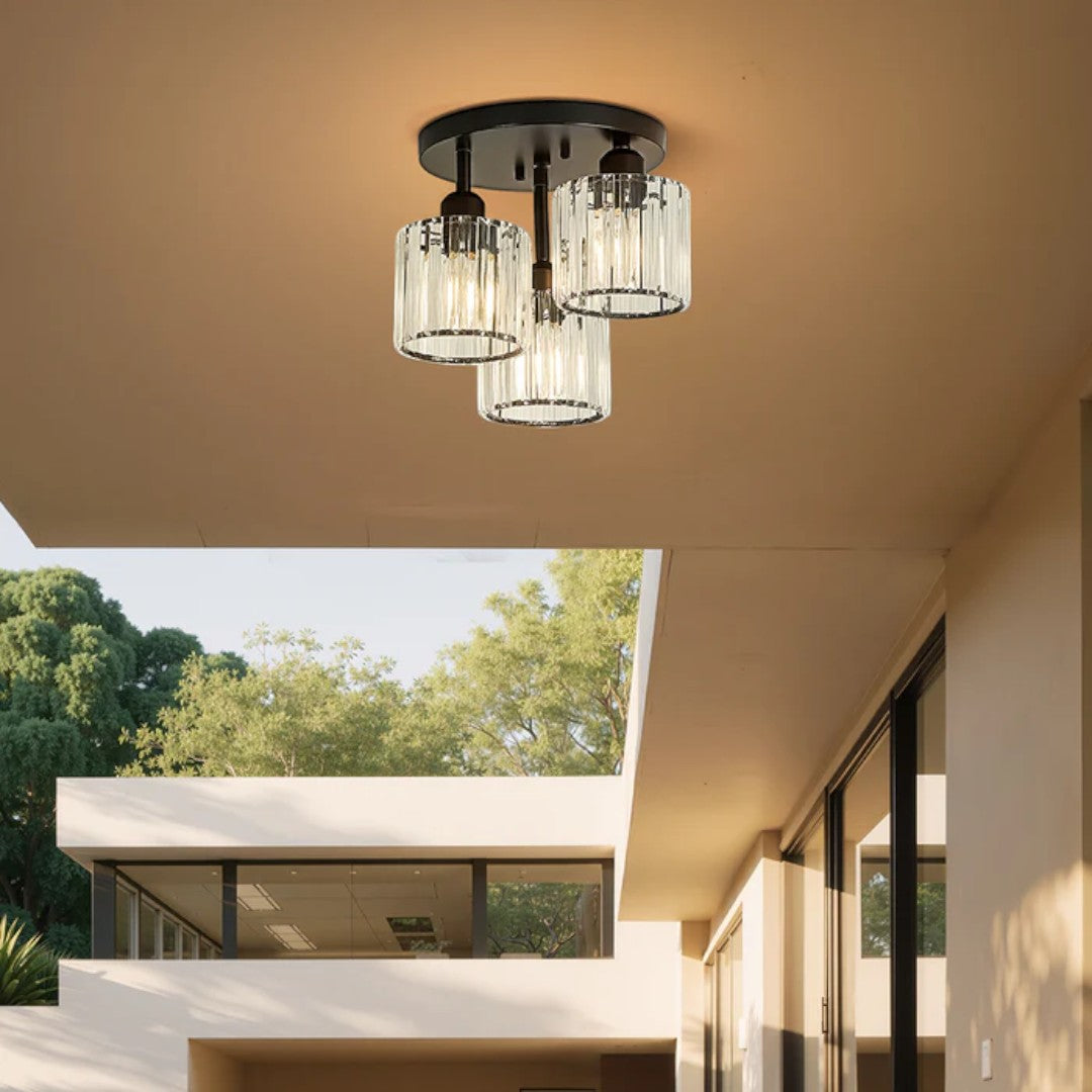 Crystal Ceiling Light – 3-Light Semi Flush Bedroom Lamp, 25cm, Black, Gold or Silver