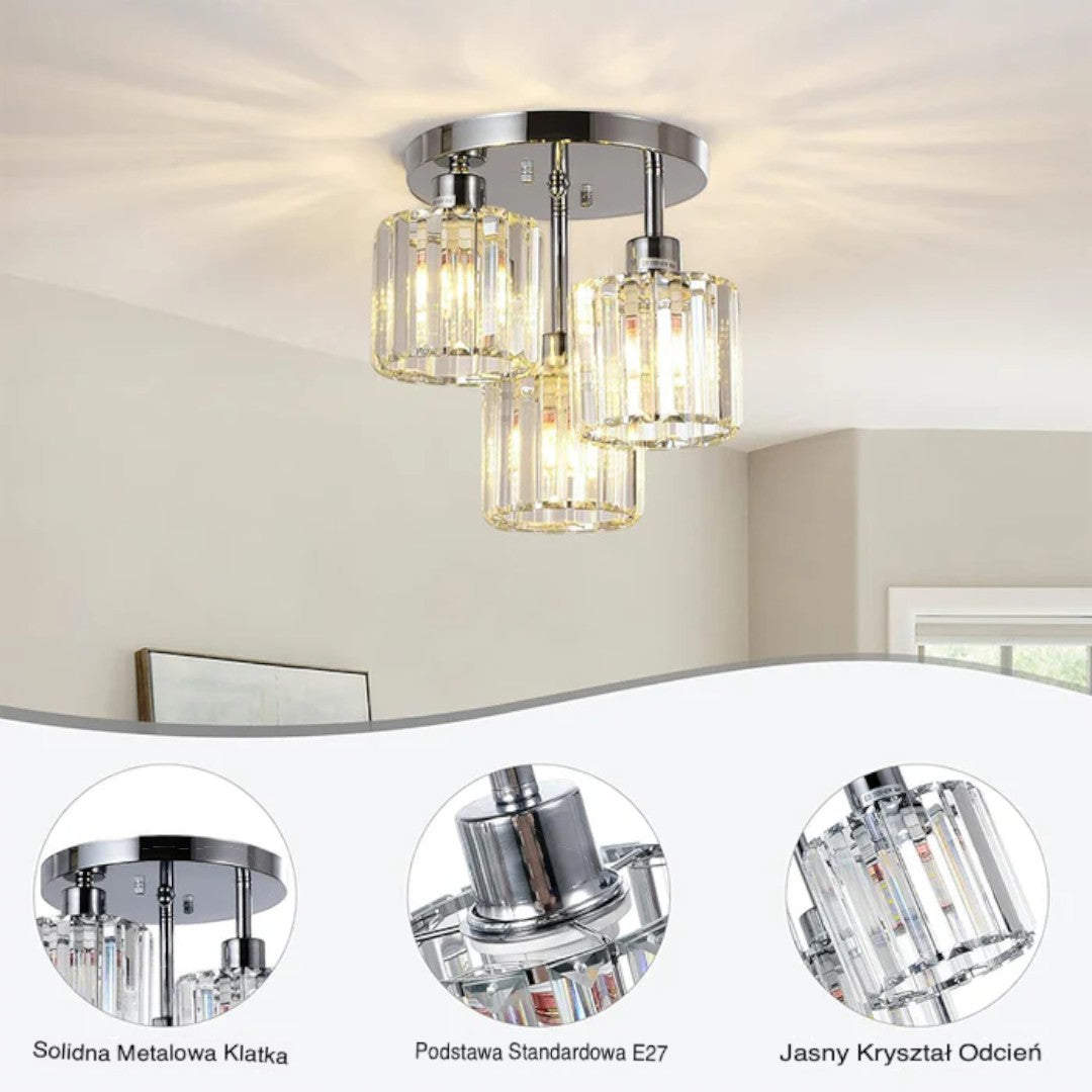 Crystal Ceiling Light – 3-Light Semi Flush Bedroom Lamp, 25cm, Black, Gold or Silver