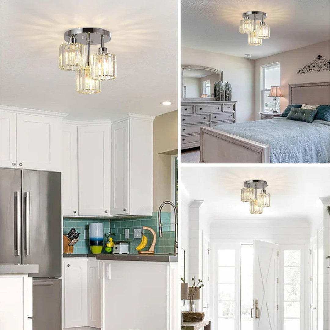 Crystal Ceiling Light – 3-Light Semi Flush Bedroom Lamp, 25cm, Black, Gold or Silver