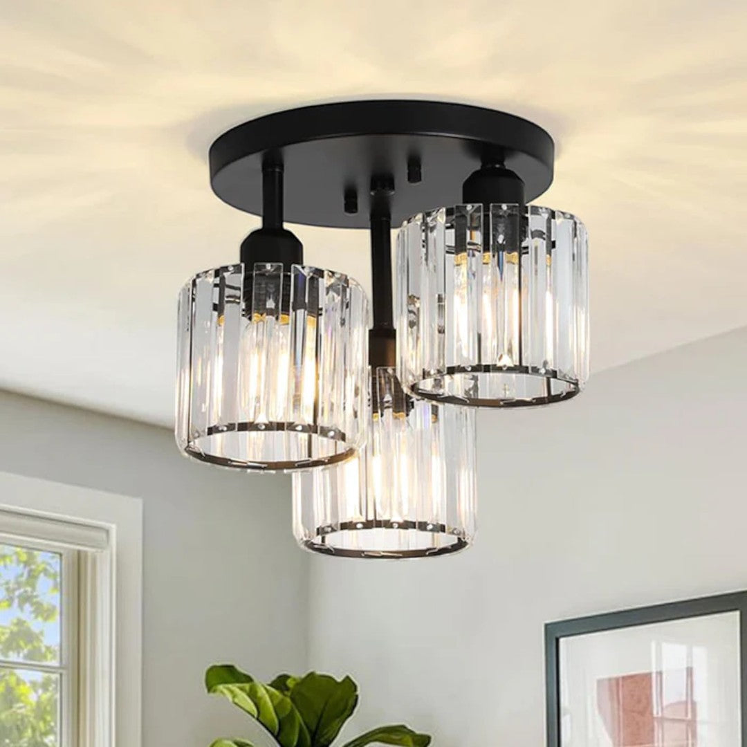 Crystal Ceiling Light – 3-Light Semi Flush Bedroom Lamp, 25cm, Black, Gold or Silver