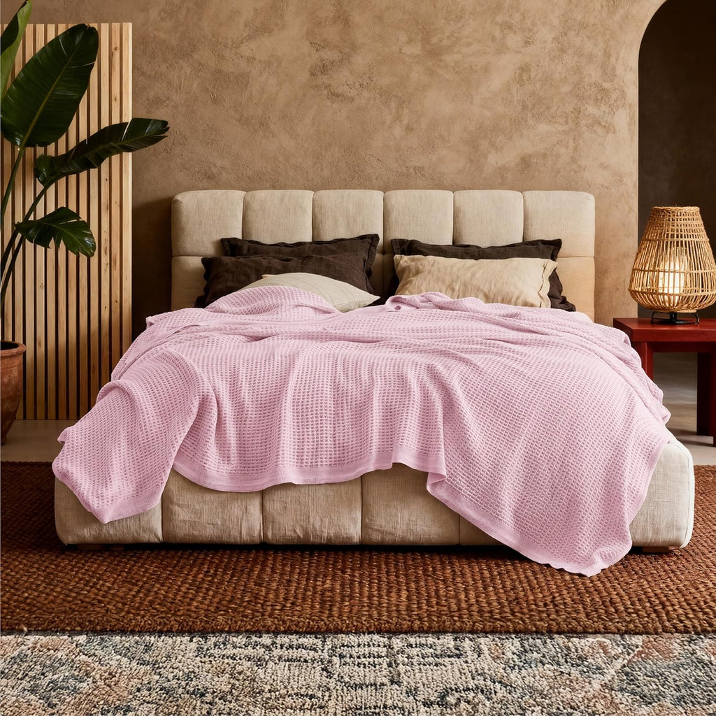 Cozy Haven | 100% Cotton Queen Blanket with Cooling Waffle Weave | Soft & Breathable for Summer Comfort
