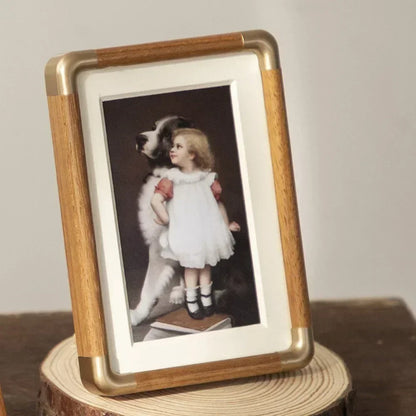 Wooden Photo Frame – Vintage Tabletop Frame with Brass Corners, Teak or Black Walnut, 9 × 13 to 25 × 30cm